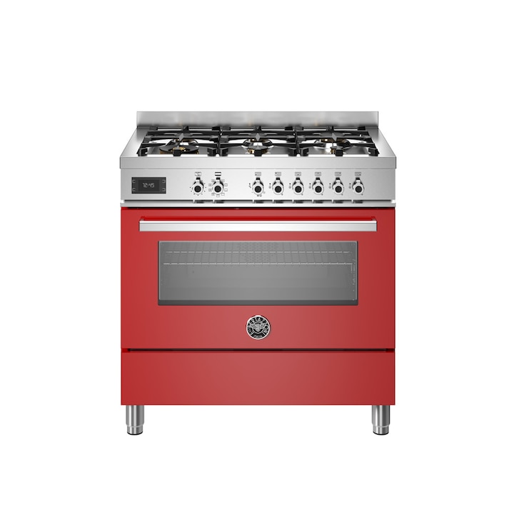 Aragaz cu plita pe gaz Bertazzoni, colectie Professional, 90 cm, 6 arzatoare, cuptor electric, capacitate 103 litri, 11 moduri de gatire, temperatura reglabila, termometru cu sonda integrat, panou de control tactil, usa cu inchidere soft-close, rosu