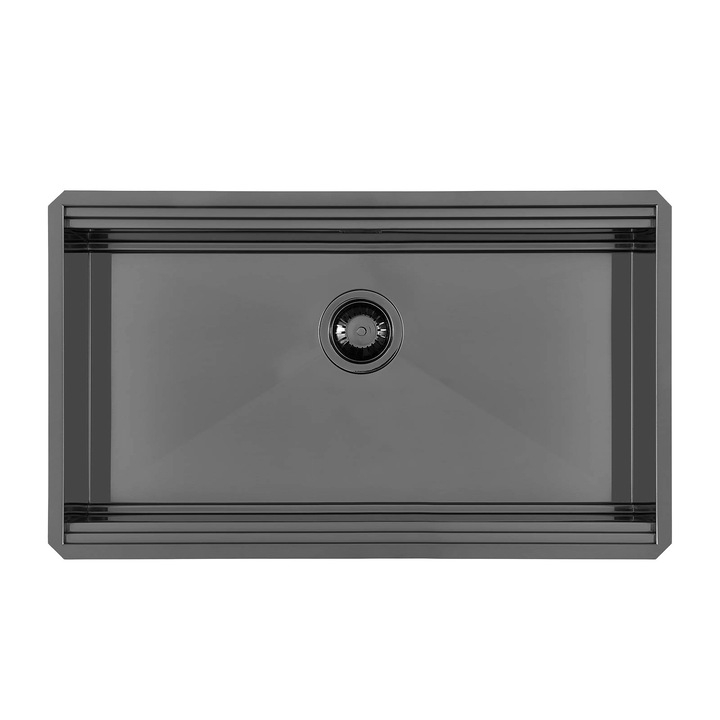 Chiuveta de bucatarie premium Foster, Milanello, 79 x 47 cm, 1 cuva, montare sub blat, fara orificii standard pentru baterie, material otel inoxidabil, finisaj PVD, sifon si preaplin incluse, made in Italy, antracit