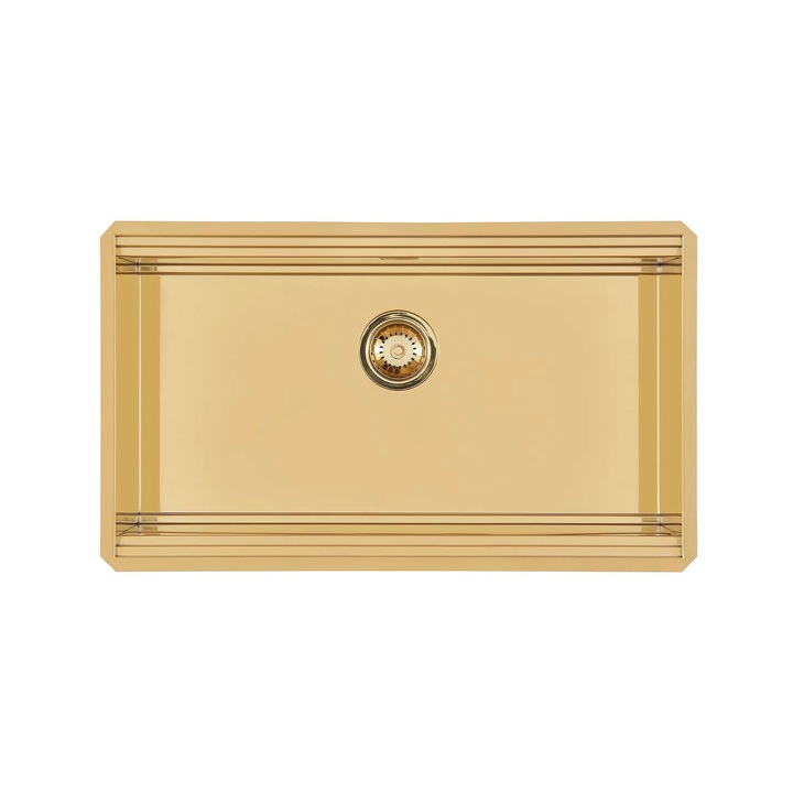 Chiuveta de bucatarie premium Foster, Milanello, 79 x 47 cm, 1 cuva, montare sub blat, fara orificii standard pentru baterie, material otel inoxidabil, finisaj PVD, sifon si preaplin incluse, made in Italy, auriu
