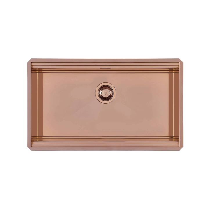 Chiuveta de bucatarie premium Foster, Milanello, 79 x 47 cm, 1 cuva, montare sub blat, fara orificii standard pentru baterie, material otel inoxidabil, finisaj PVD, sifon si preaplin incluse, made in Italy, cupru