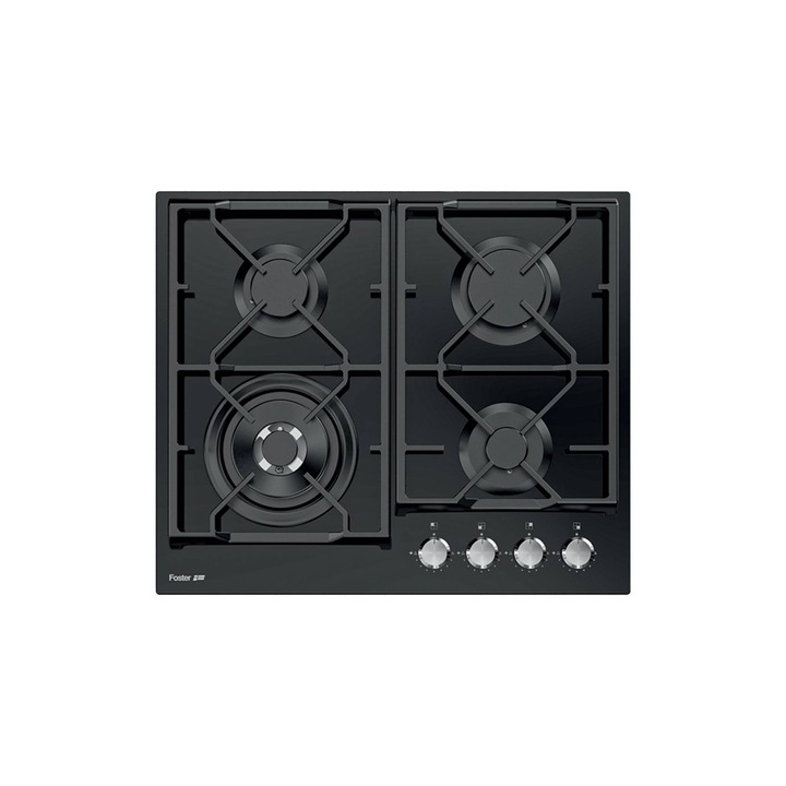 Plita incorporabila pe gaz Foster, Power Glass, 60 cm, 4 arzatoare, instalare pe blat/la nivelul blatului, aprindere electrica, grilaj robust fonta, comutatoare rotative, sticla securizata, curatare usoara, consum redus, made in Italy, negru