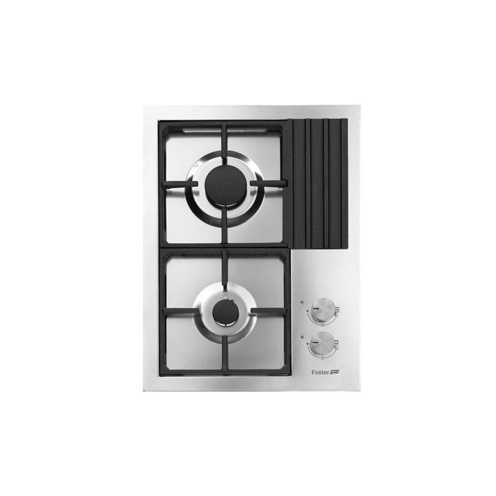 Plita incorporabila pe gaz Foster, S4000 Domino, 38 cm, 2 arzatoare, suport lateral tigai, instalare pe blat/la nivelul blatului, consum redus, aprindere electrica, grilaj robust fonta, comutatoare rotative, usor de curatat, made in Italy, inox