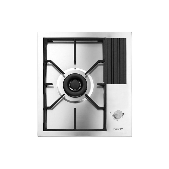 Plita incorporabila pe gaz Foster, S4000 Domino, 45 cm, 1 arzator, suport lateral tigai, instalare pe blat/la nivelul blatului, consum redus, aprindere electrica, grilaj robust fonta, comutatoare rotative, usor de curatat, made in Italy, inox