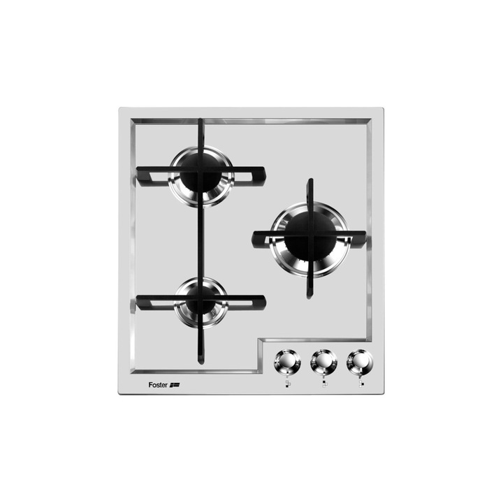 Plita incorporabila pe gaz Foster, Veronika, 44 cm, 3 arzatoare, instalare pe blat/la nivelul blatului, aprindere electrica, grilaj robust fonta, comutatoare rotative, finisaj periat, curatare facila, design modern, consum redus, made in Italy, inox