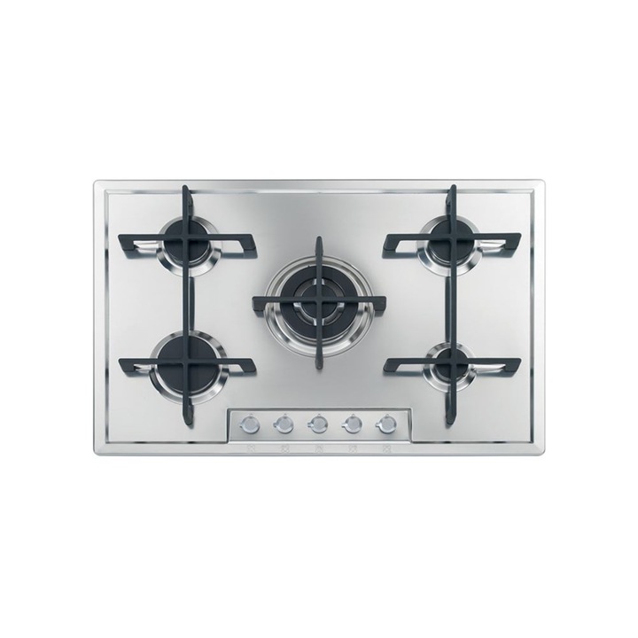 Plita incorporabila pe gaz Foster, Veronika, 76 cm, 5 arzatoare, instalare pe blat/la nivelul blatului, aprindere electrica, grilaj robust fonta, comutatoare rotative, finisaj periat, curatare facila, design modern, consum redus, made in Italy, inox