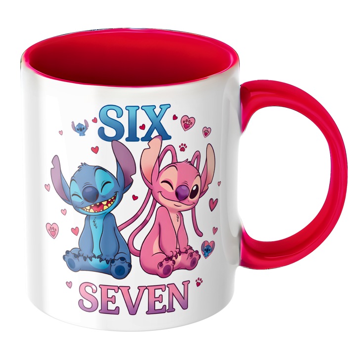 Cana personalizata 67 six seven meme, Stitch si Angela, cadou valentine's, dragobete, cadou romantic pentru cupluri, ceramica, rosie, 330ml, v4