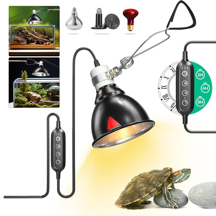 Capac Pentru Lampi Pentru Reptile, Suporta Pana La 100W Cu Temporizator, Lampa De Incalzire/Corp De Iluminat Tip Cupola De 5, 5 Inch Diametru, Potrivit Pentru Becuri De Incalzire E27 UVA/UVB