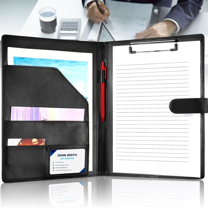 Dosar de documente, Bedee, Mapa conferinta A4, Portabile, cu clip metal, slot pentru card, inel de stilou, compartimente multiple, Impermeabil, Moale si durabil, Usor de curatat, pentru afaceri, calatorii, birou, conferinta, Negru