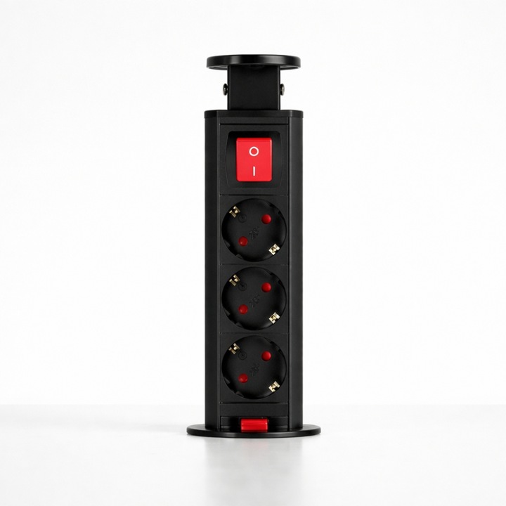 Вграден изскачащ контакт с 3 гнезда и детска защита, метален корпус, кабел 1.5м, 3500W, черен, за офис, кухня, всекидневна, спалня