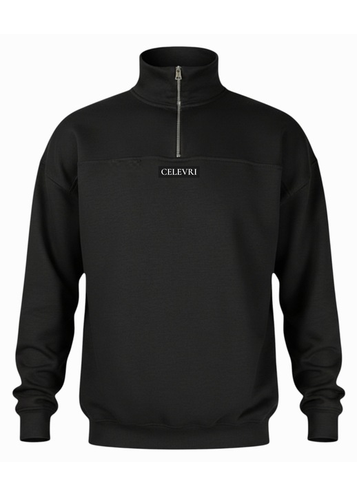 Bluza Celevri pentru barbati, bumbac premium, sport casual cu fermoar scurt si guler inalt, Negru