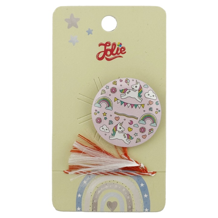 Martisor cu brosa Flippy, model Unicorn party, roz deschis, material metal, ambalaj carton