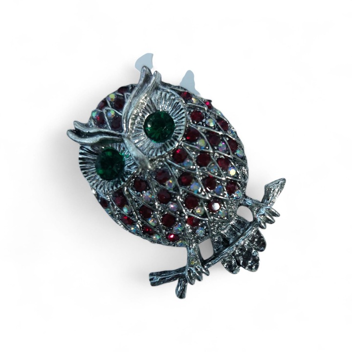 Vörös bagoly bross, SHINY, cirkónia, fényes fém