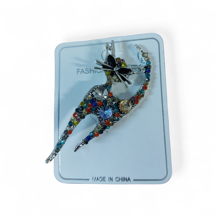 Brosă pisică SHINY multicoloră, cu cristale, design elegant