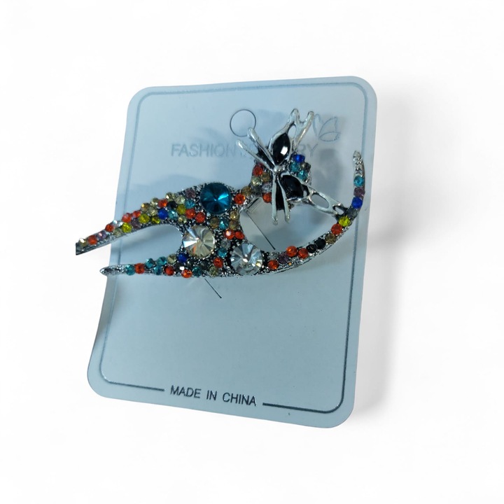 Brosă pisică SHINY multicoloră cu cristale, design elegant