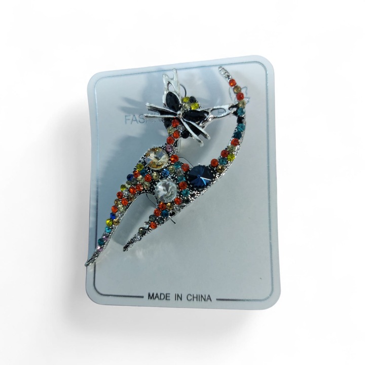 Brosă pisică multicoloră, SHINY, cu cristale, prindere sigură, 1x6cm