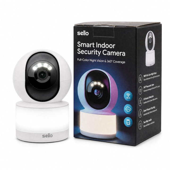 Camera de Supraveghere Wi-Fi Sello® 3MP Full HD, Rotativa pentru Interior, Viziune Nocturna, Infra Rosu, Detectare Miscare, Baby Monitor, Auto Tracking, Notificari Inteligente, Comunicare Bidirectionala, Control prin Aplicatie, Alb