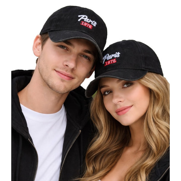 Sapca unisex negru PARIS 1976, 100% bumbac, reglabila 55–60 cm, cozoroc curbat, stil casual & streetwear – Agrafka unisize