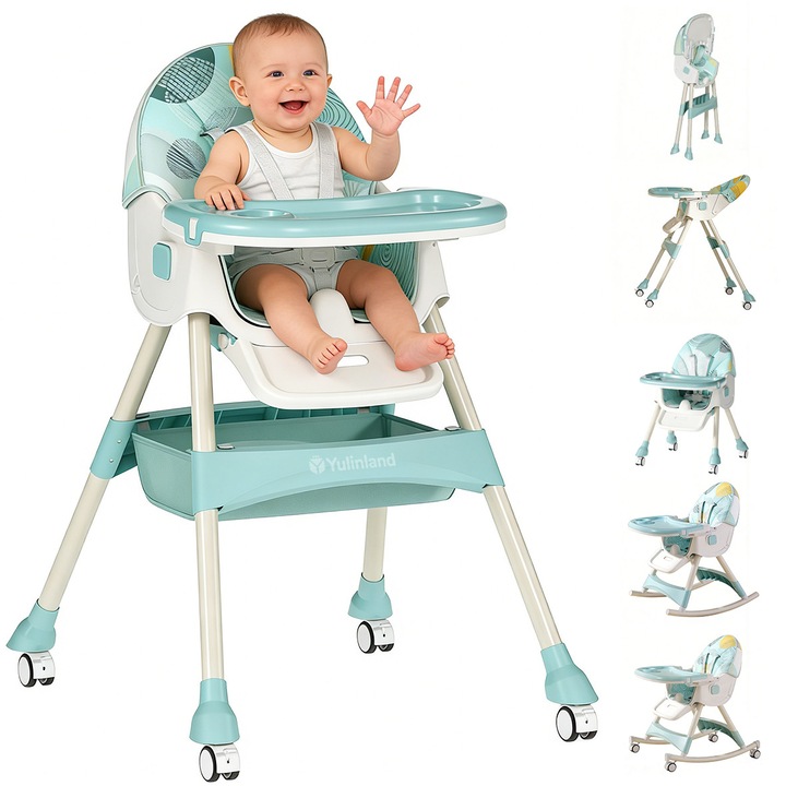 Scaun de masa bebe, Yulinland, 6 in 1, Balansoar, Pliabil, Ajustabil pe Inaltime, Cu 4 roti, 2 x Tava detasabila, Cos de Depozitare, Centura de Siguranta 5 Puncte, Varsta 6 luni+, Verde