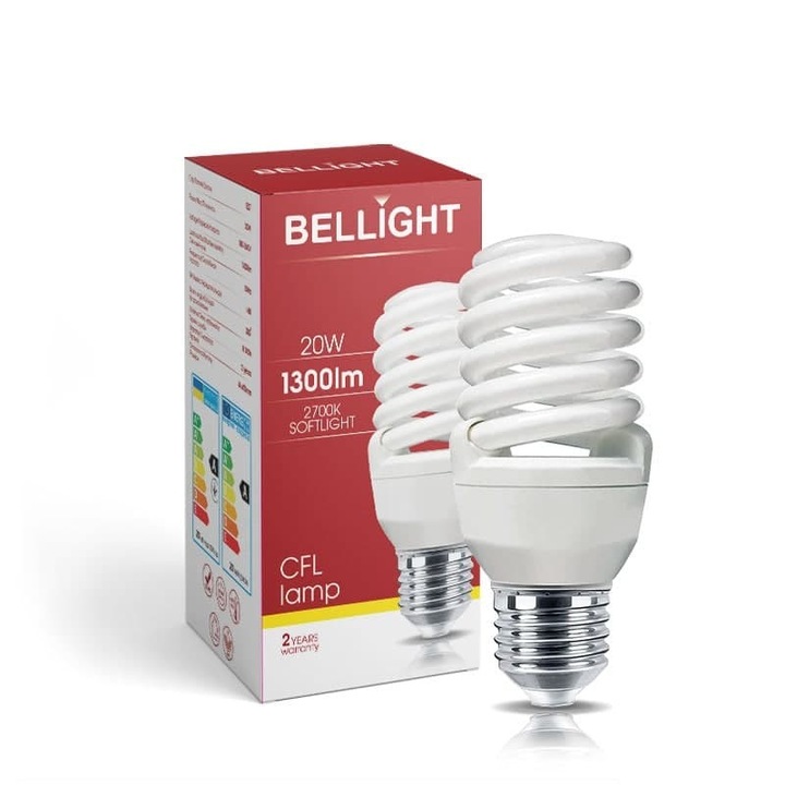 Енергоспестяващи крушки BELLIGHT CLF T2 спирала 20W E27 2700K, 8000 часа живот