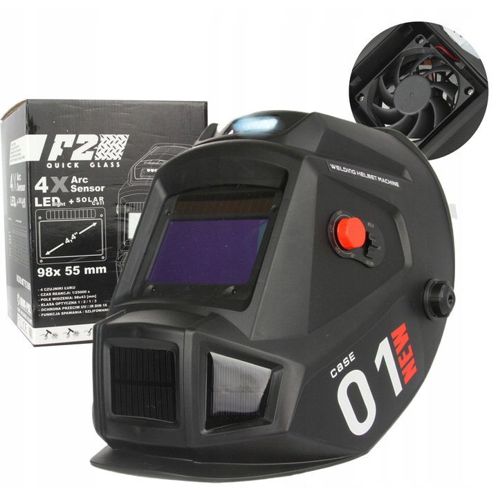 Masca de sudura autointunecata F2 Quick Glass, Mar-pol, 98x43mm, 4 senzori, cu ventilator si lanterna