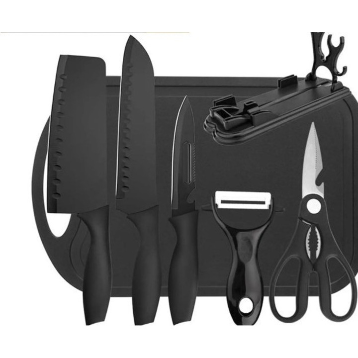 Set bucatarie complet 7 in 1 cutite foarfeca curatator tocator si suport Organizator
