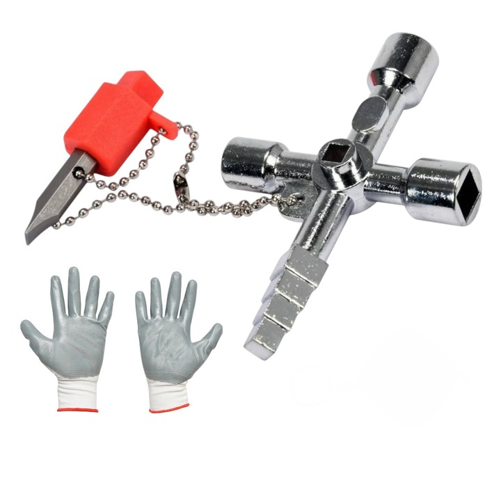 Универсален ключ 4 в 1, за битови измервателни уреди, с адаптер, окачен на верига с двустранен бит с профили Ph2 и плосък 7 мм и 1 чифт защитни ръкавици