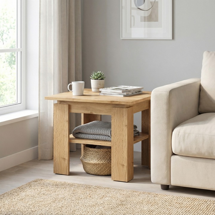 Masuta de cafea Sola, Komodee, polita suplimentara, picioare negre, PAL melaminat, 55 x 55 x 43 cm, Stejar Wotan/Negru