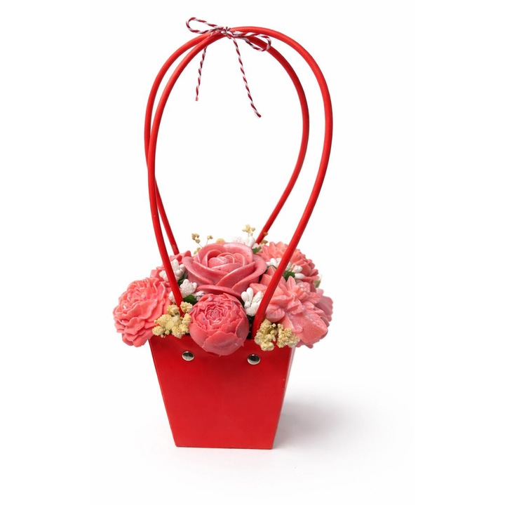Aranjament floral handmade din ceară de soia, flori uscate, bujori, trandafiri, crizanteme, cos, 220g