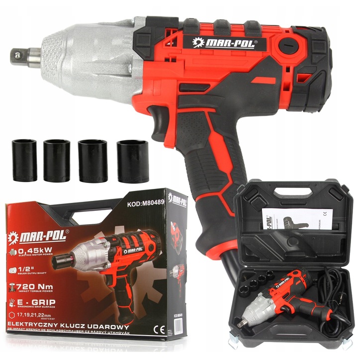 Cheie electrica cu impact 1/2" Mar-Pol M80489, 720Nm, 4 capete, 2,1kg, 2,7m cablu