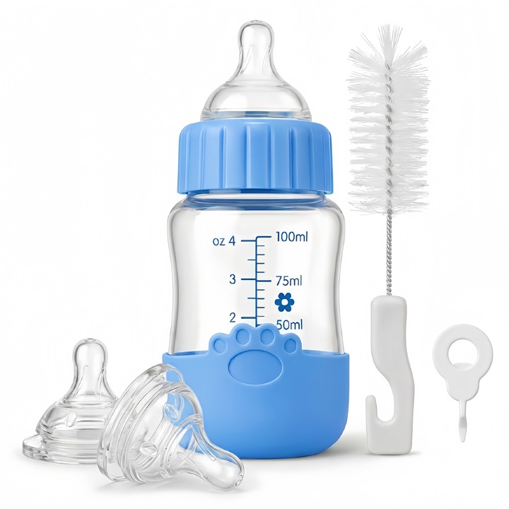 Set Complet Biberon pentru Pui de Animale, Boopnose, 100ml cu Gradatii, 3 Tetine Silicon Moale, Perie Inclusa, Rezistent la Sterilizare, Ideal pentru Nou-Nascuti (Caini si Pisici)