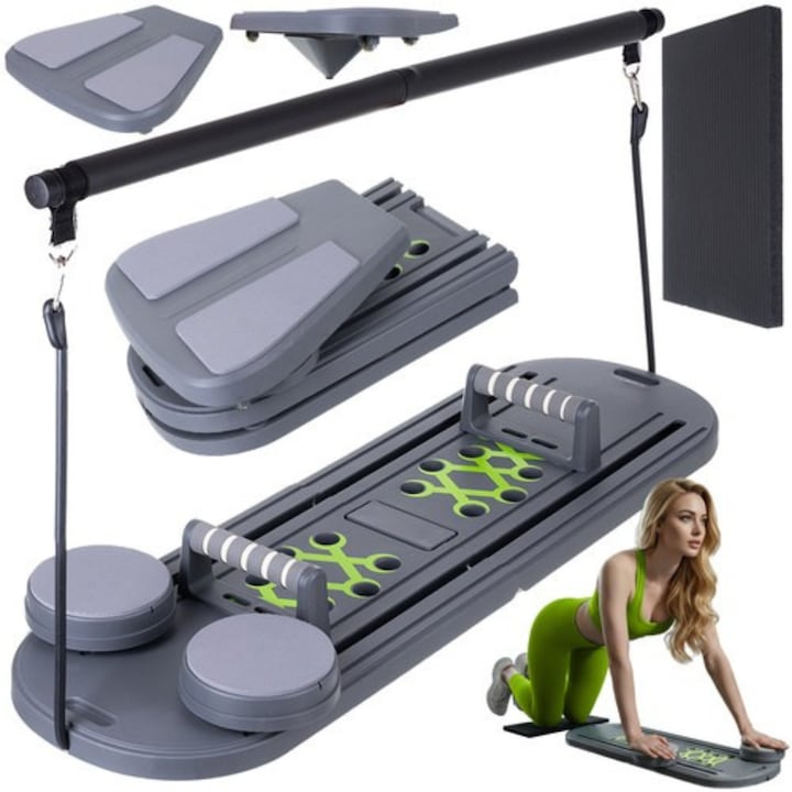 Placa Multifunctionala Pilates VarioShop®, cu Manere, Role pentru Abdomene, Benzi Elastice, Pliabila, Antiderapanta, pentru Fitness si Antrenament Acasa, 97x35 cm, Gri
