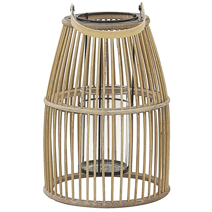 Felinar bej Beliani, design Boho, lemn de bambus, 23x23x32cm