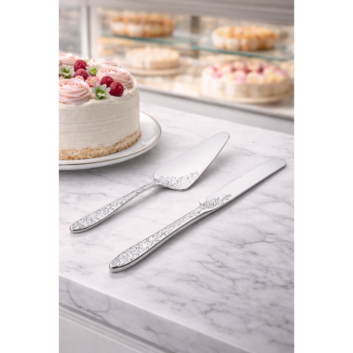 Set Servire Tort Premium, Bla Bla Foam, 2 Piese, Finisaj Argintiu, Design Elegant