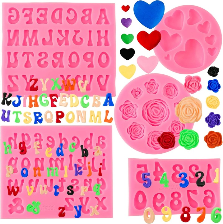 Set de 5 matrite pentru litere, inclusiv matrite din silicon cu litere, cifre, inimioare si flori pentru bomboane din lut polimeric cu ciocolata si fudge si decoratiuni pentru tort cu fudge