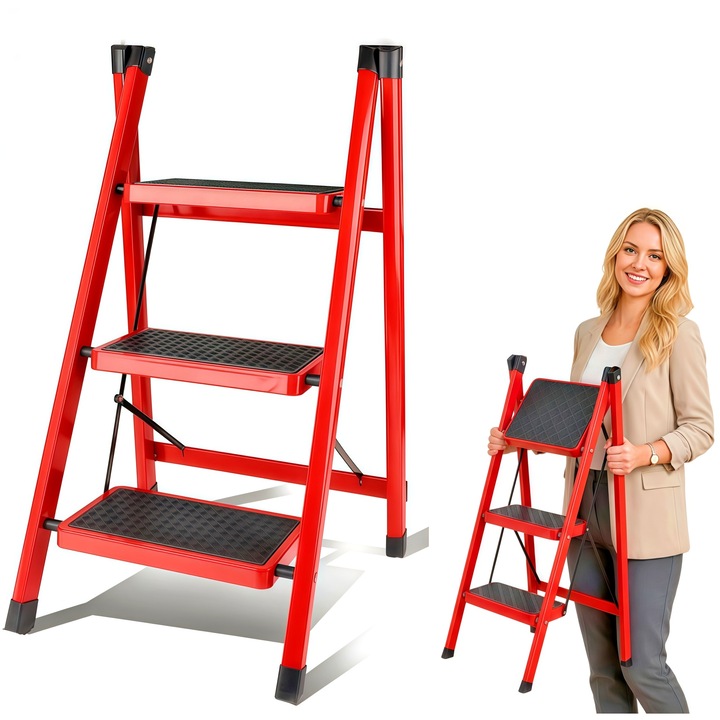 Scara pliabila, Wacorresi®, Scara din otel cu 3 trepte, Pliabil, Capacitate maxima de incarcare 150 Kg, Picioare Antialunecare, 41x55x72cm, Rosu-Negru
