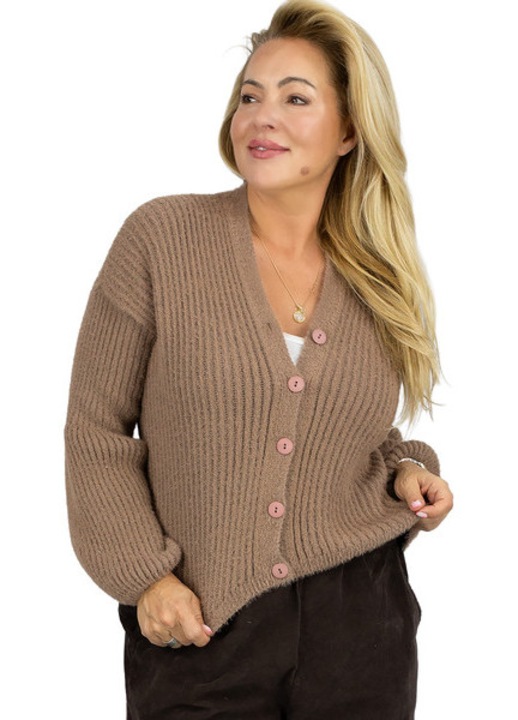 Cardigan scurt dama maro cacao cu nasturi, decolteu in V, croiala lejera oversize, pentru birou si purtare zilnica – Agrafka unisize