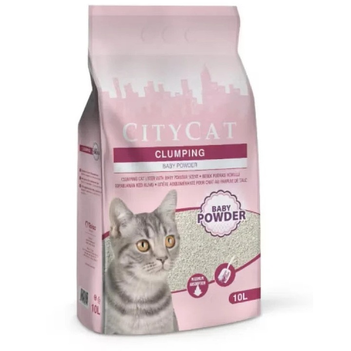 Nisip pentru litiera, City Cat Clump White Baby Powder, 10L