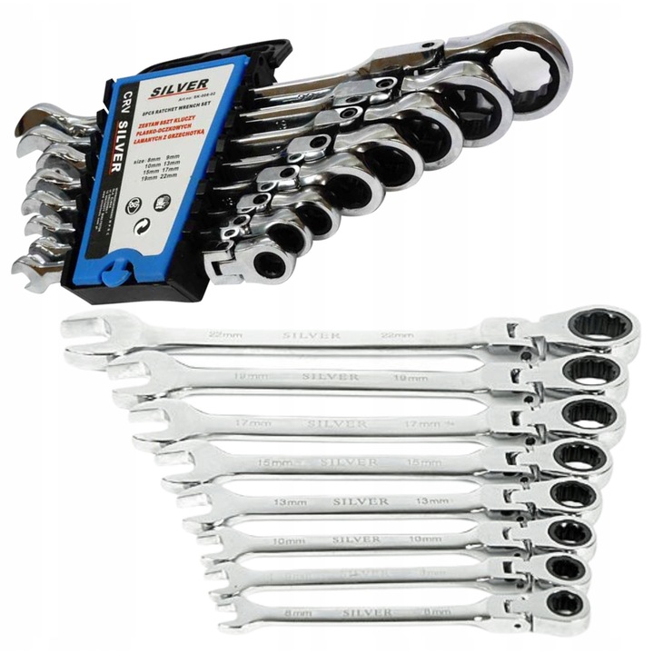 Set chei plasko-oczkowe cu grzechotka SilverTools 8-22mm, 8 piese, din otel CRV