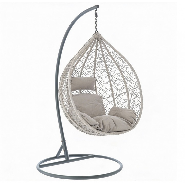 Fotoliu suspendat din poliratan, gri deschis, cu pernă gri