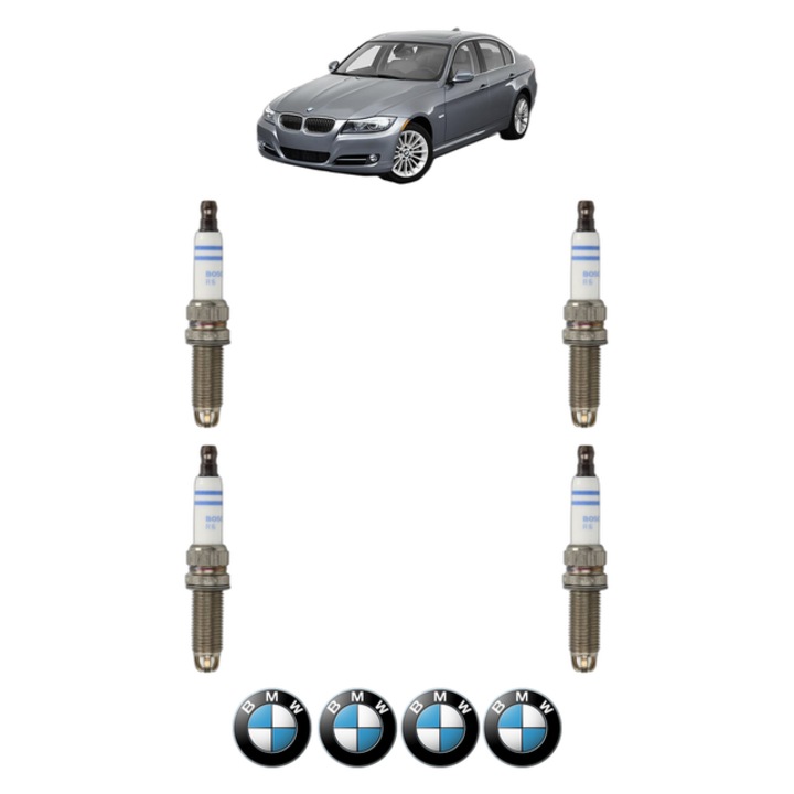 Set 4 Bujii Scanteie BMW Seria 3 (E90) 320 i 163 CP din 2007 - 2011, bujie motor, Bosch, 4x Stickere auto cu BMW