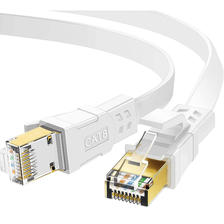 Hálózati kábel, lapos, flexibilis Cat8, 40Gbps 2000Mhz, RJ45 csatlakozó, 3m, fehér