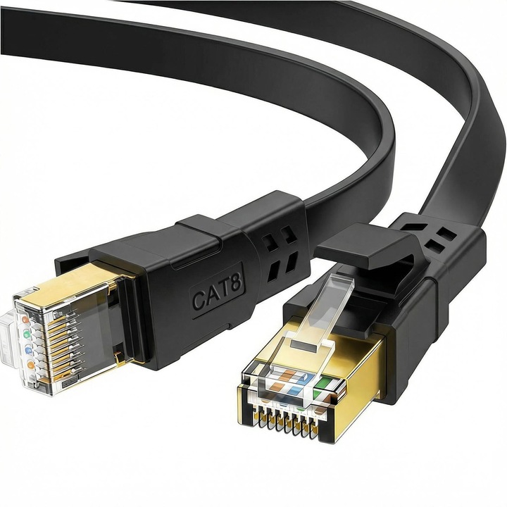 Hálózati kábel, lapos, rugalmas Cat8, 40Gbps 2000Mhz, RJ45 csatlakozó, 1m, fekete