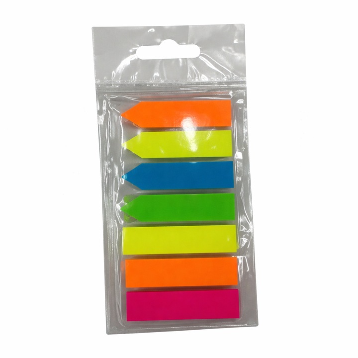 Неонови пластмасови самозалепващи се индексни бележки, 12×44 мм, 8 цвята, 160 листа (8×20), квадратни и стреловидни отметки