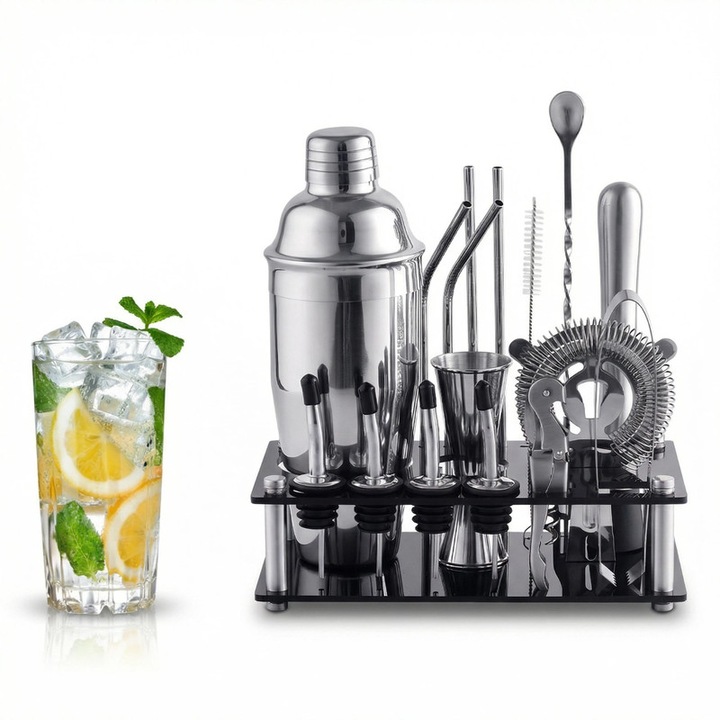 Set Cocktail Profesional 20 Piese, Cocktail Shaker 750ml, Otel Inoxidabil, Suport Acrilic, Accesorii Barman, Uz Casnic sau Bar, Argintiu