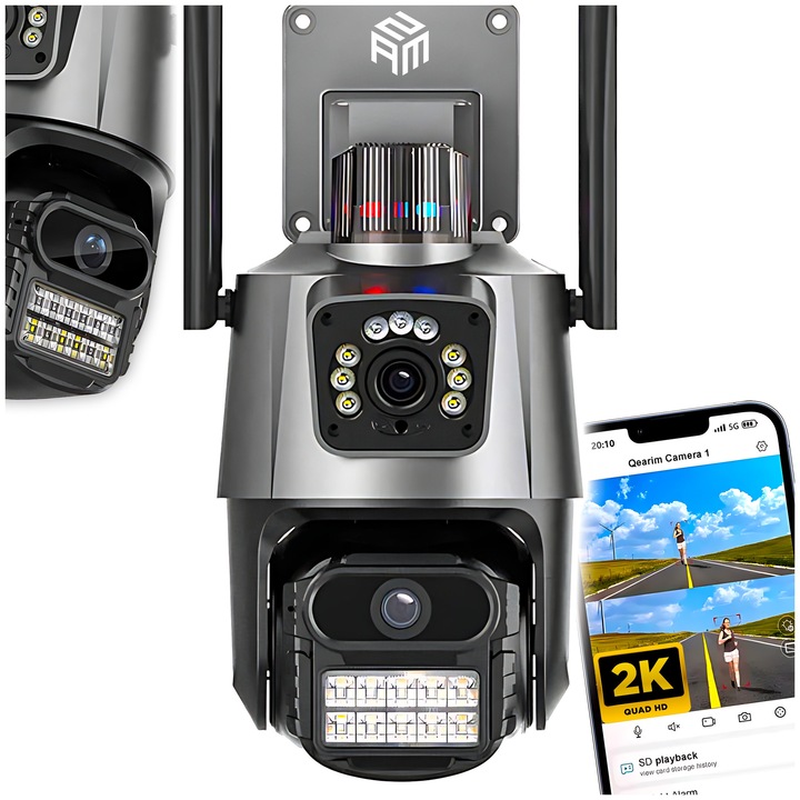 Camera de supraveghere exterioara WiFi ZAM, dubla 2K, detectie miscare, IP65, 11,5x18x10,5cm