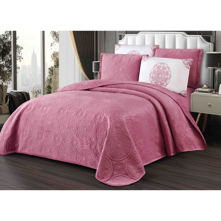 Set Cuvertura Pat Catifea, Model Relief Circular, 220x240cm, Roz Inchis - JOJ819