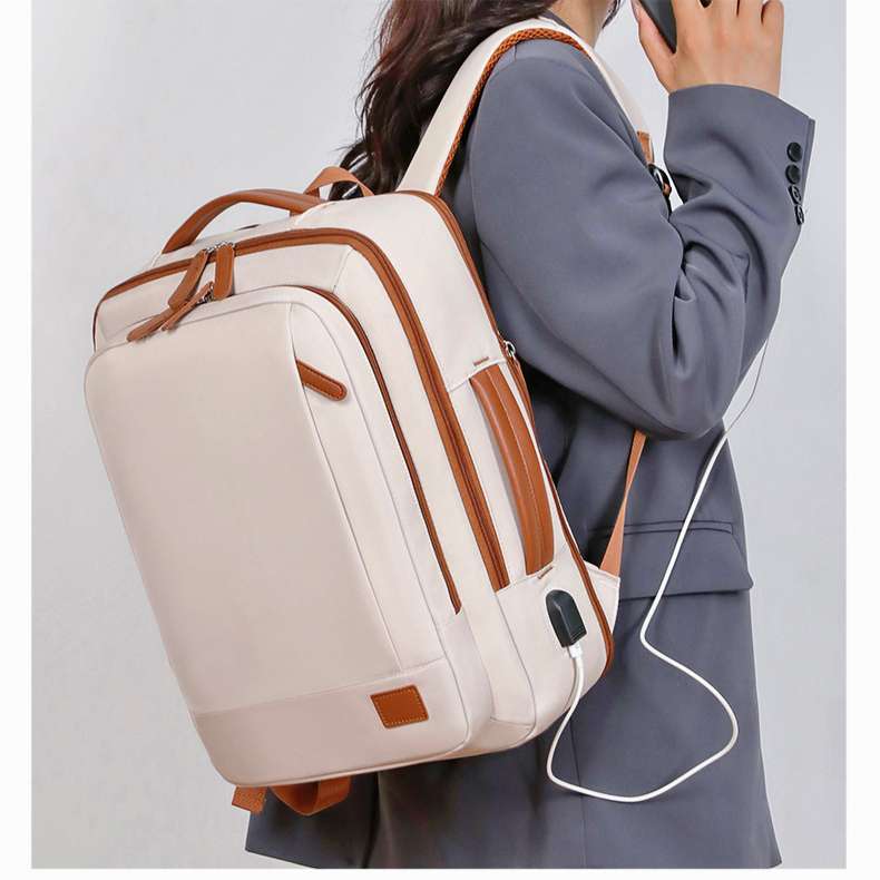 Rucsac, Aiorber, husa pentru laptop, incarcare USB, rezistent la stropire, design cu separare uscat/umed, maner de transport, 31 x 12 x 42 cm, rezistent la stropire, tesatura Oxford, beige