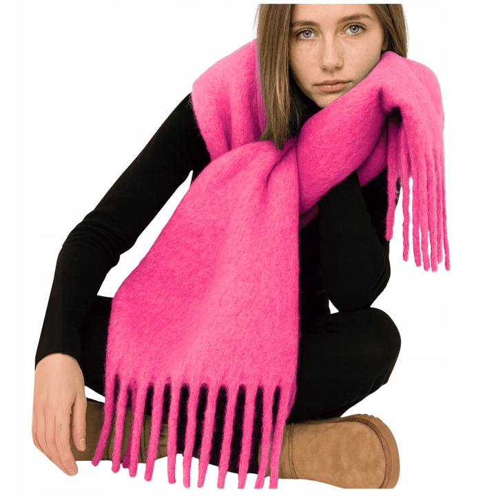 Esarfa Dama, SNM, Calduroasa Si Groasa, Textura Pufoasa Si Moale, Accesoriu Elegant De Iarna, Model Clasic Cu Ciucuri, Ideala Pentru Zile Friguroase, Design Atemporal, 260x42, Roz, 200 x 40 cm