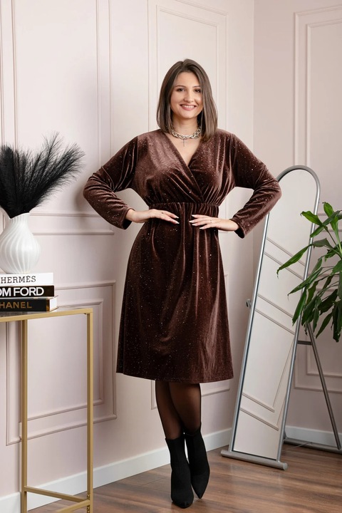 Елегантна кадифена рокля Alexa с камъни и прехвърлен дизайн - Бордо, One Size