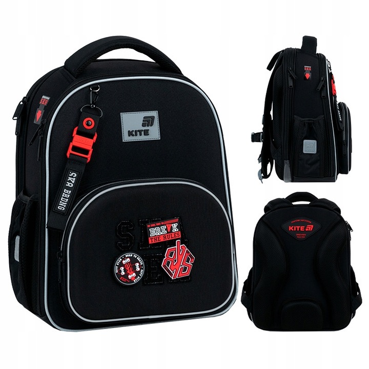 Ghiozdan scolar pentru baieti, 6–12 ani, cu aplicatii decorative, negru, Kite